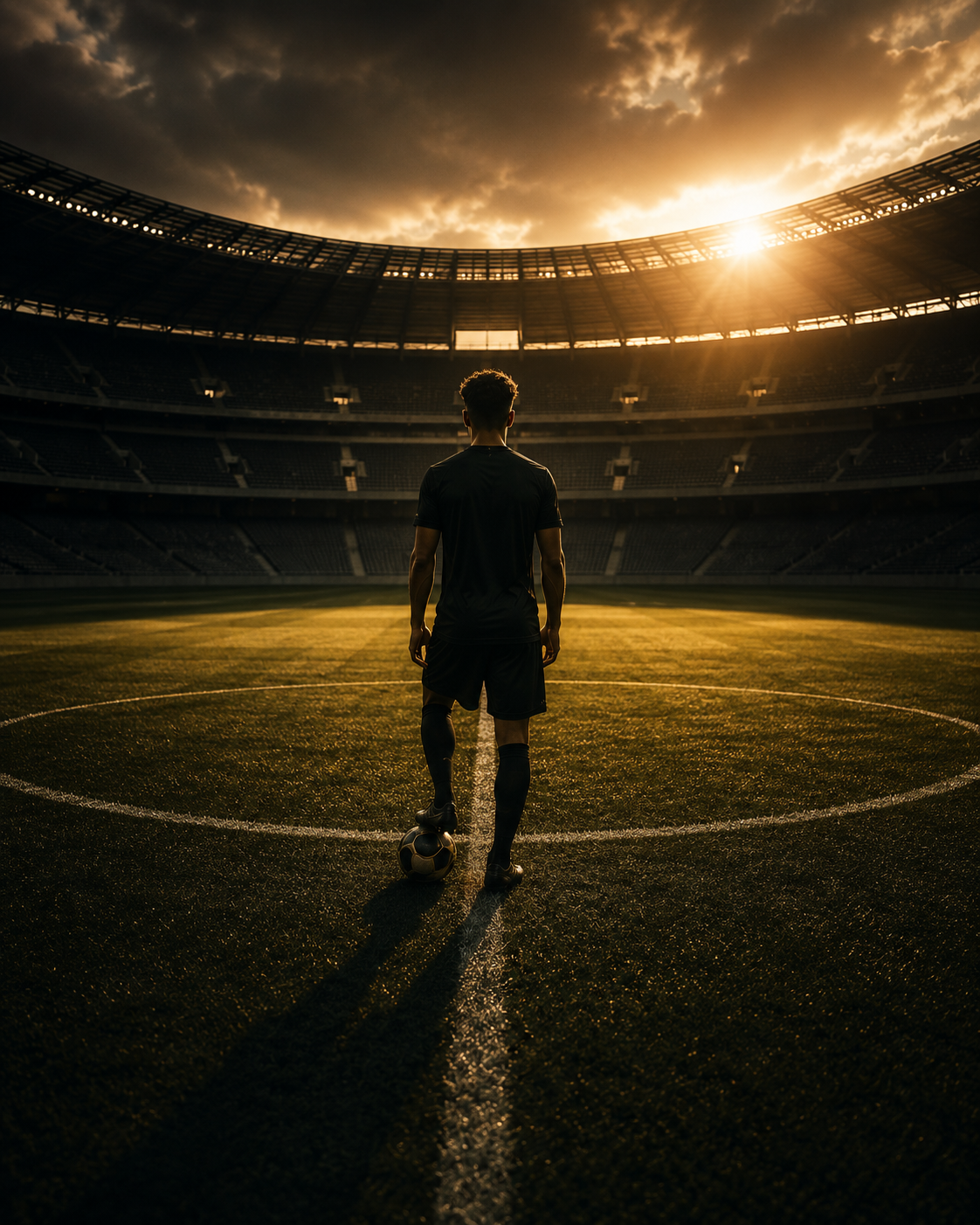 Athlete standing on stadium field at golden hour